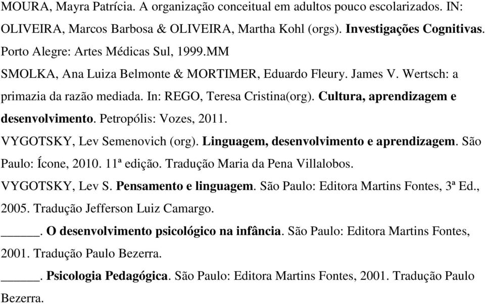Cultura, aprendizagem e desenvolvimento. Petropólis: Vozes, 2011. VYGOTSKY, Lev Semenovich (org). Linguagem, desenvolvimento e aprendizagem. São Paulo: Ícone, 2010. 11ª edição.