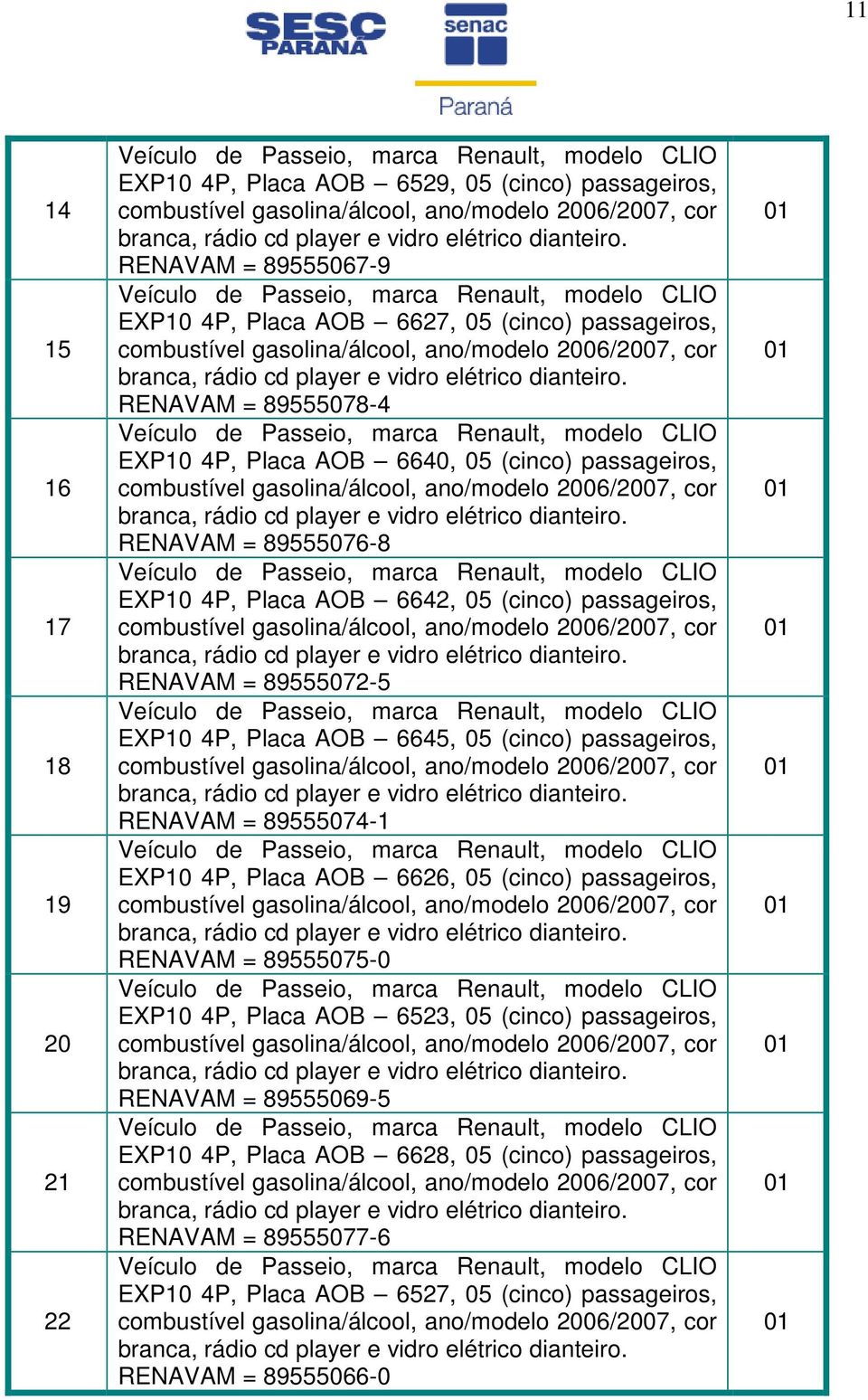 Placa AOB 6645, 05 (cinco) passageiros, RENAVAM = 89555074-1 EXP10 4P, Placa AOB 6626, 05 (cinco) passageiros, RENAVAM = 89555075-0 EXP10 4P, Placa AOB 6523, 05