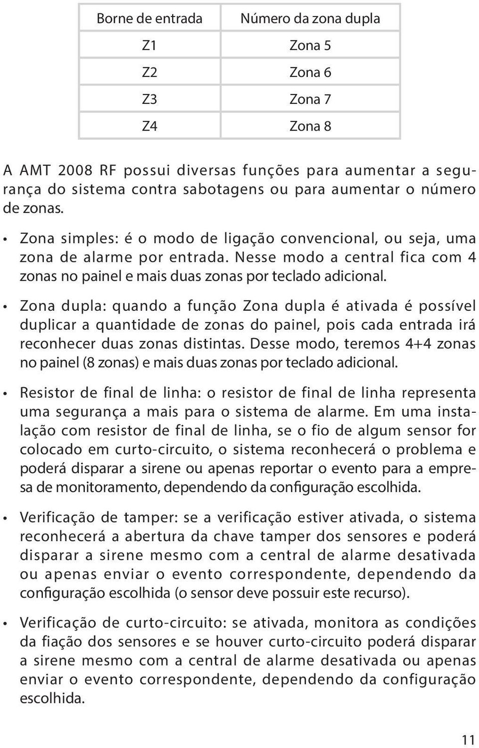 Zona dupla: quando a função Zona dupla é ativada é possível duplicar a quantidade de zonas do painel, pois cada entrada irá reconhecer duas zonas distintas.