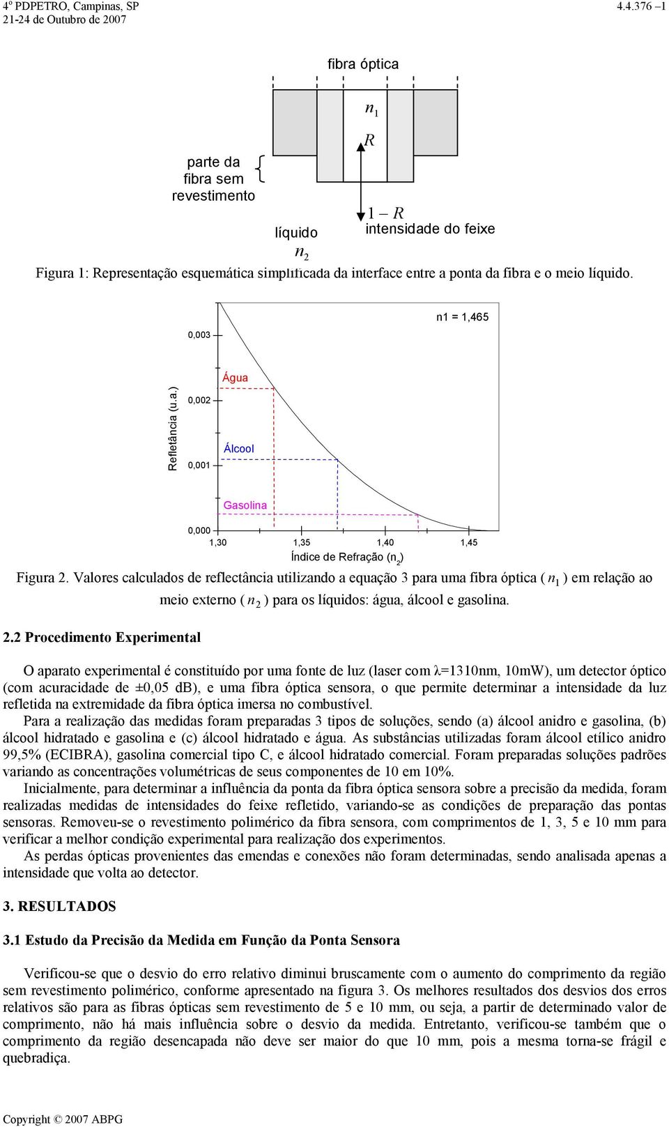 Valores calculados de reflectância utilizando a equação 3 para uma fibra óptica ( n 1 ) em relação ao meio externo ( n ) para os líquidos: água, álcool e gasolina.