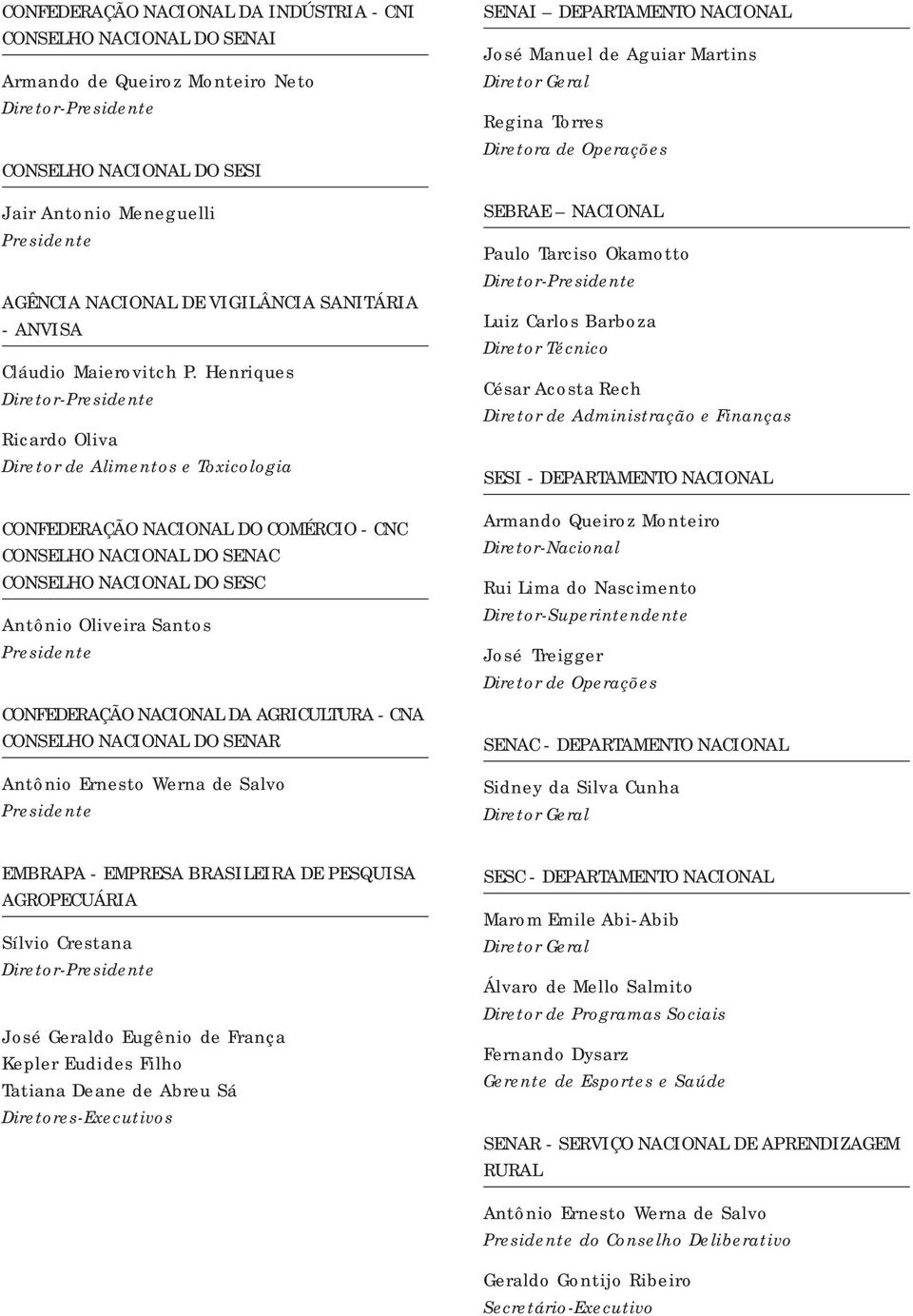 Henriques Diretor-Presidente Ricardo Oliva Diretor de Alimentos e Toxicologia CONFEDERAÇÃO NACIONAL DO COMÉRCIO - CNC CONSELHO NACIONAL DO SENAC CONSELHO NACIONAL DO SESC Antônio Oliveira Santos