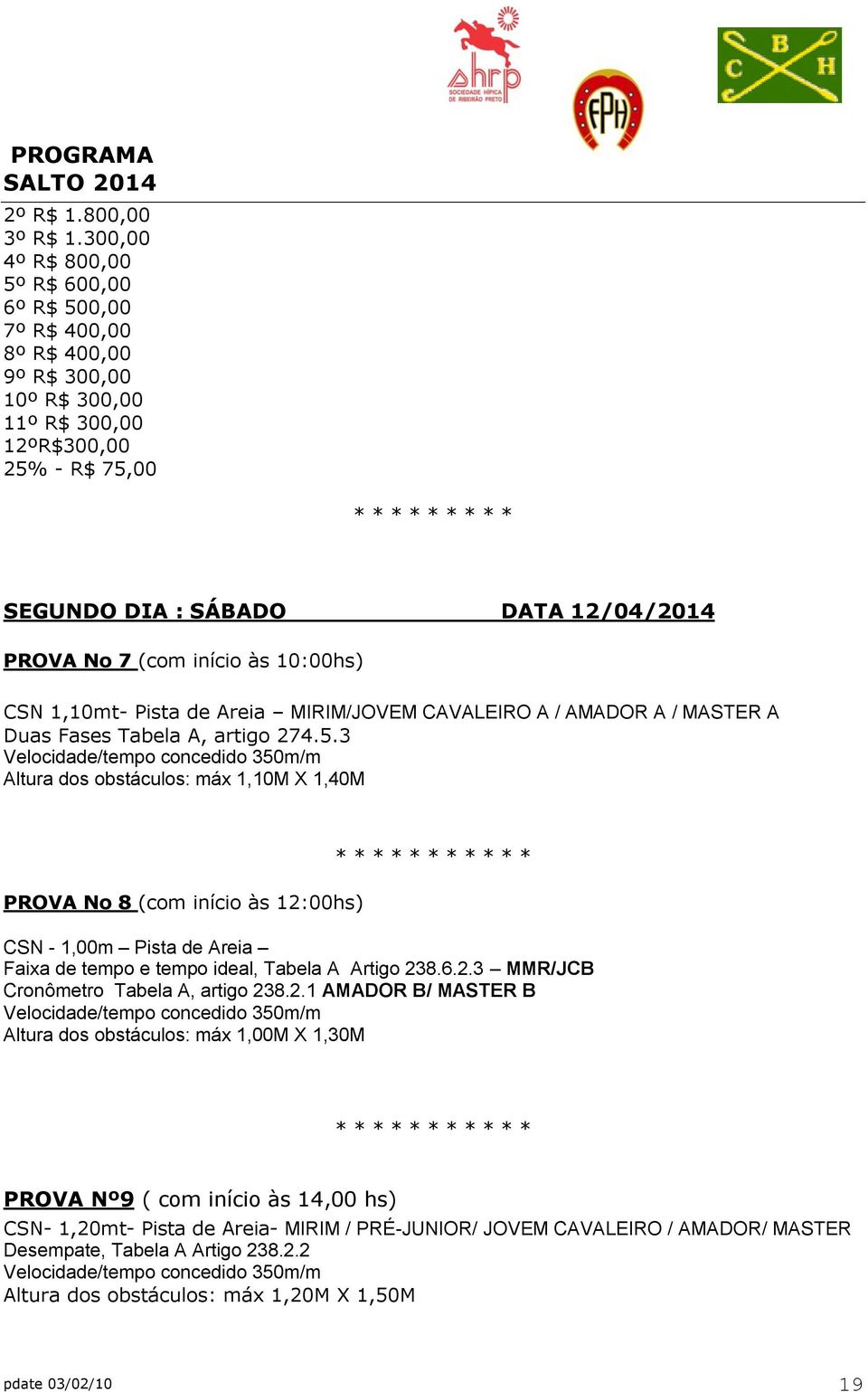 PROVA No 7 (com início às 10:00hs) CSN 1,10mt- Pista de Areia MIRIM/JOVEM CAVALEIRO A / AMADOR A / MASTER A Duas Fases Tabela A, artigo 274.5.