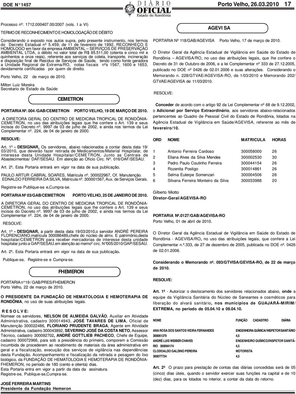 459, de 11 de fevereiro de 1992, RECONHEÇO E HOMOLOGO em favor da empresa AMBIENTAL SERVIÇOS DE PRESERVAÇÃO AMBIENTAL LTDA, o débito no valor total de R$ 85.