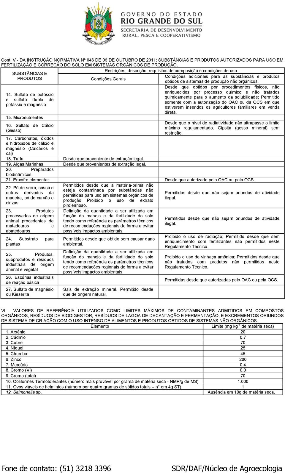 SUBSTÂNCIAS E PRODUTOS Condições adicionais para as substâncias e produtos Condições Gerais obtidos de sistemas de produção não orgânicos.