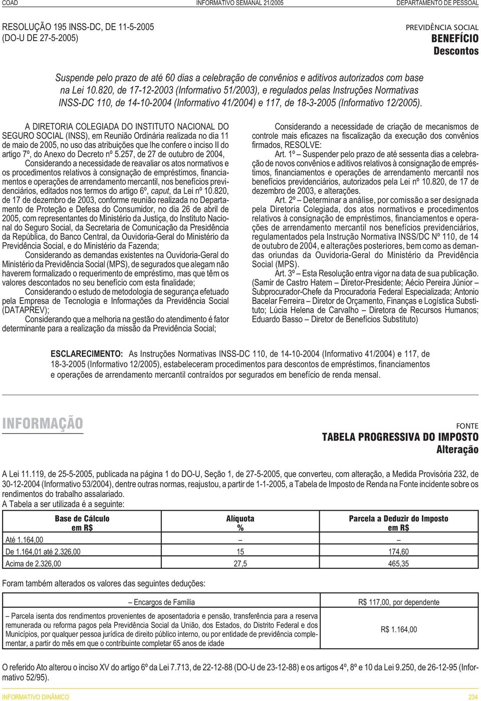 A DIRETORIA COLEGIADA DO INSTITUTO NACIONAL DO SEGURO SOCIAL (INSS), em Reunião Ordinária realizada no dia 11 de maio de 2005, no uso das atribuições que lhe confere o inciso II do artigo 7º, do