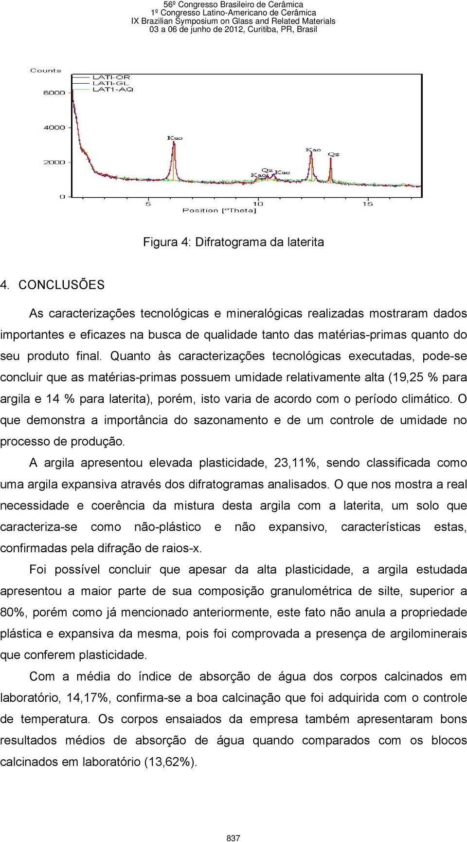 Quanto às caracterizações tecnológicas executadas, pode-se concluir que as matérias-primas possuem umidade relativamente alta (19,25 % para argila e 14 % para laterita), porém, isto varia de acordo