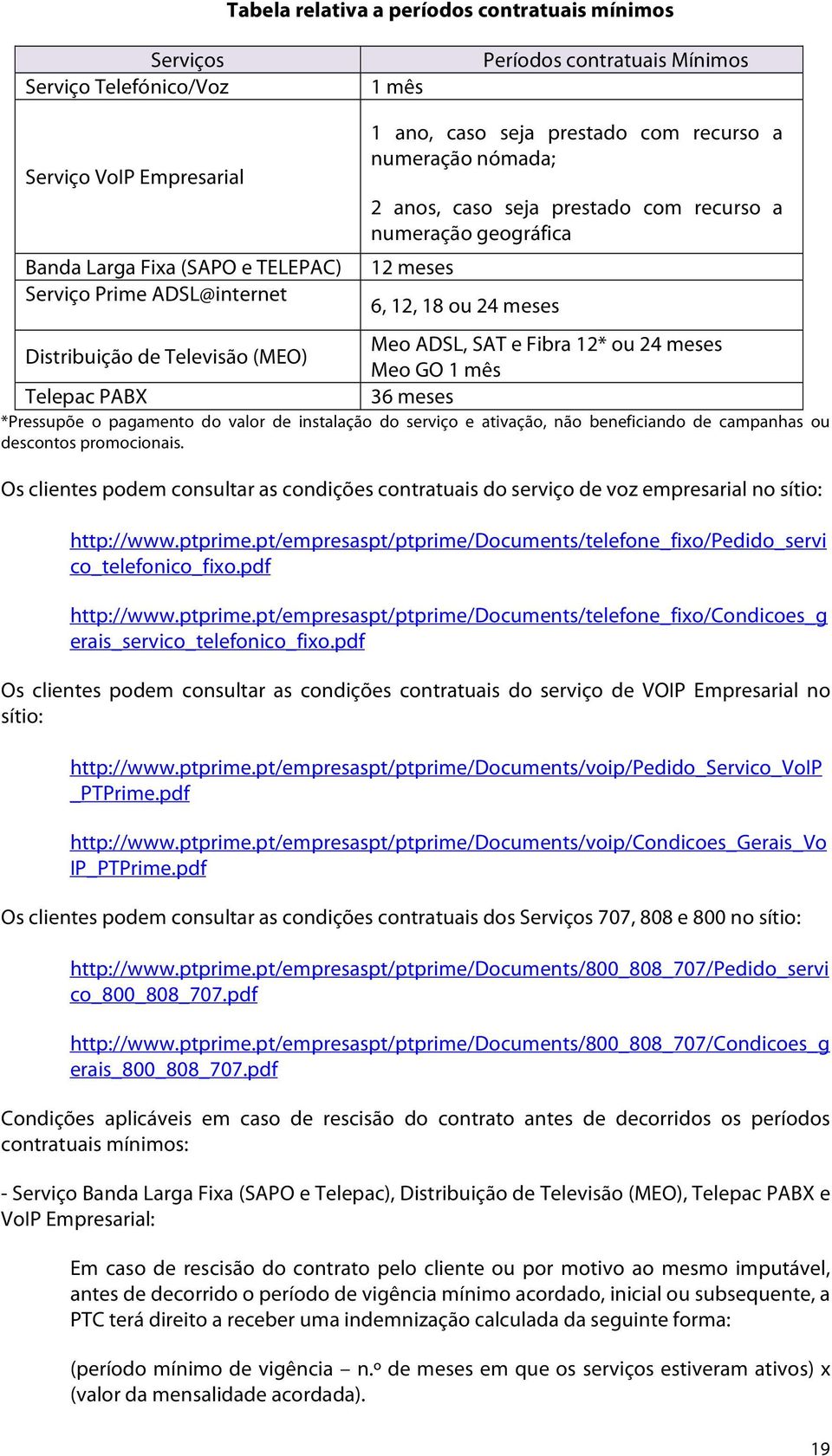 meses Distribuição de Televisão (MEO) Meo GO 1 mês Telepac PABX 36 meses *Pressupõe o pagamento do valor de instalação do serviço e ativação, não beneficiando de campanhas ou descontos promocionais.