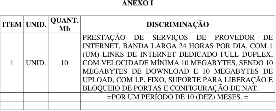 1 (UM) LINKS DE INTERNET DEDICADO FULL DUPLEX, COM VELOCIDADE MÍNIMA 10 MEGABYTES, SENDO 10