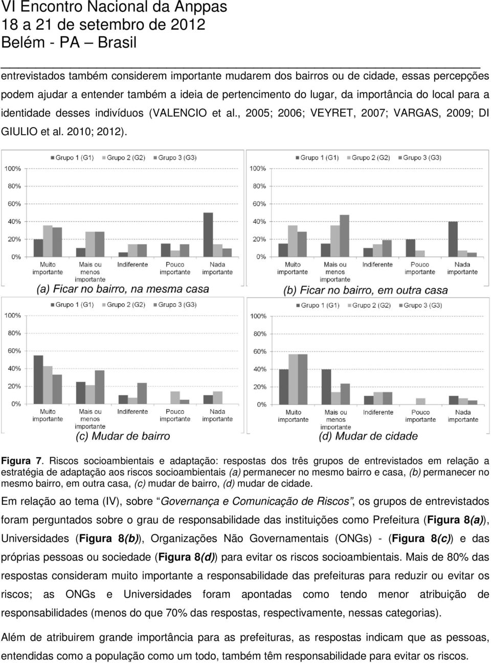 Riscos socioambientais e adaptação: respostas dos três grupos de entrevistados em relação a estratégia de adaptação aos riscos socioambientais (a) permanecer no mesmo bairro e casa, (b) permanecer no