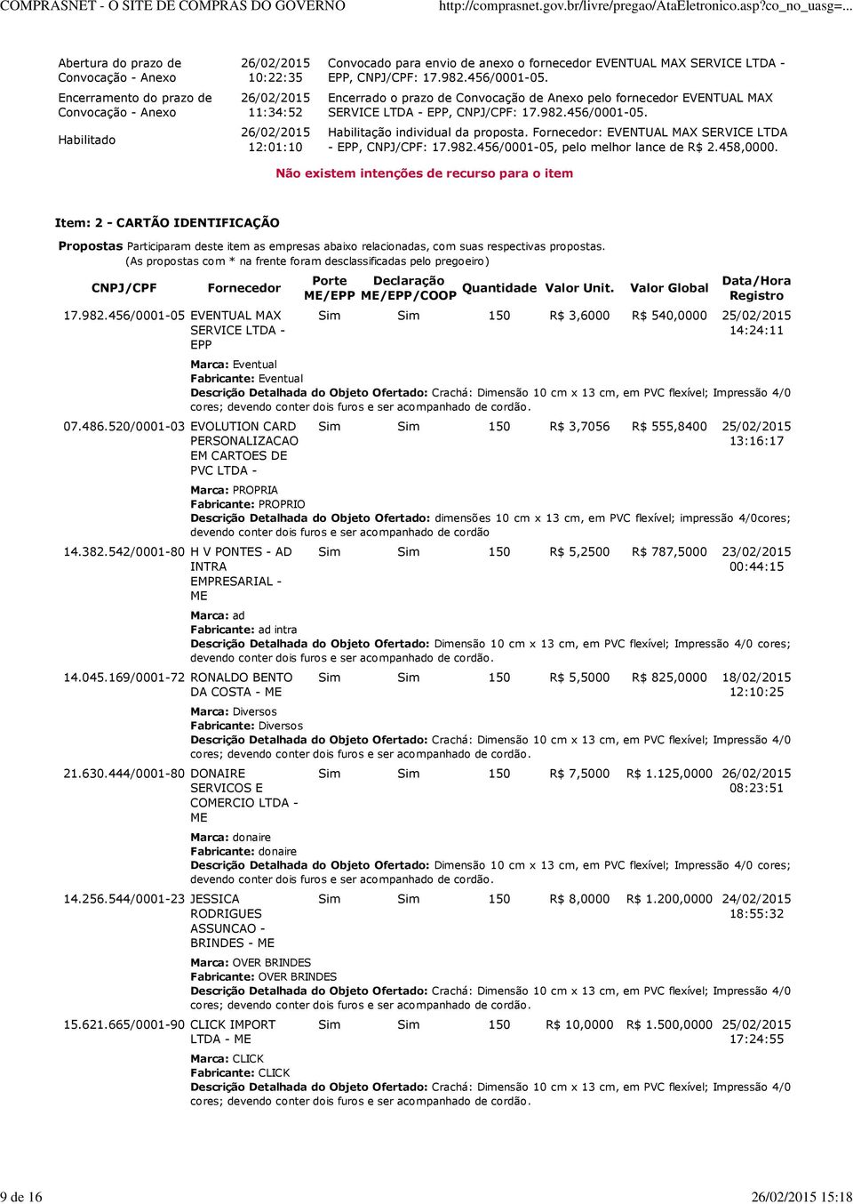 Fornecedor: EVENTUAL MAX SERVICE LTDA - EPP, CNPJ/CPF: 17.982.456/0001-05, pelo melhor lance de R$ 2.458,0000.