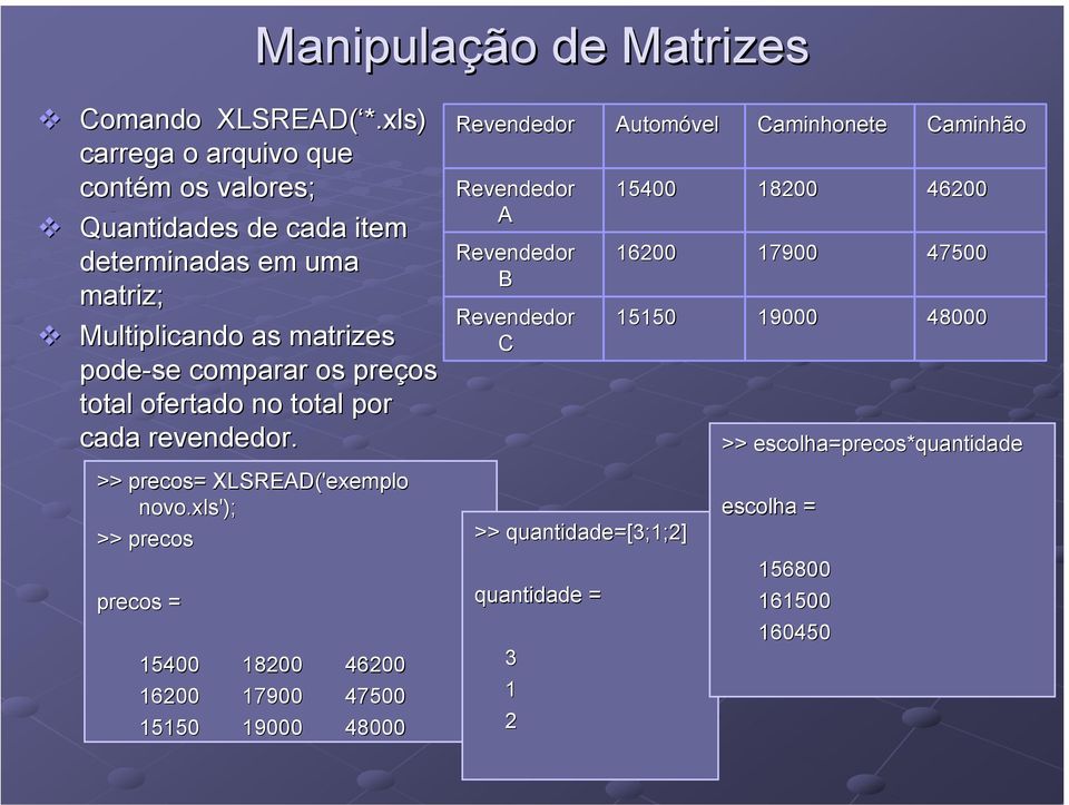 preços total ofertado no total por cada revendedor. >> precos= = XLSREAD('exemplo novo.