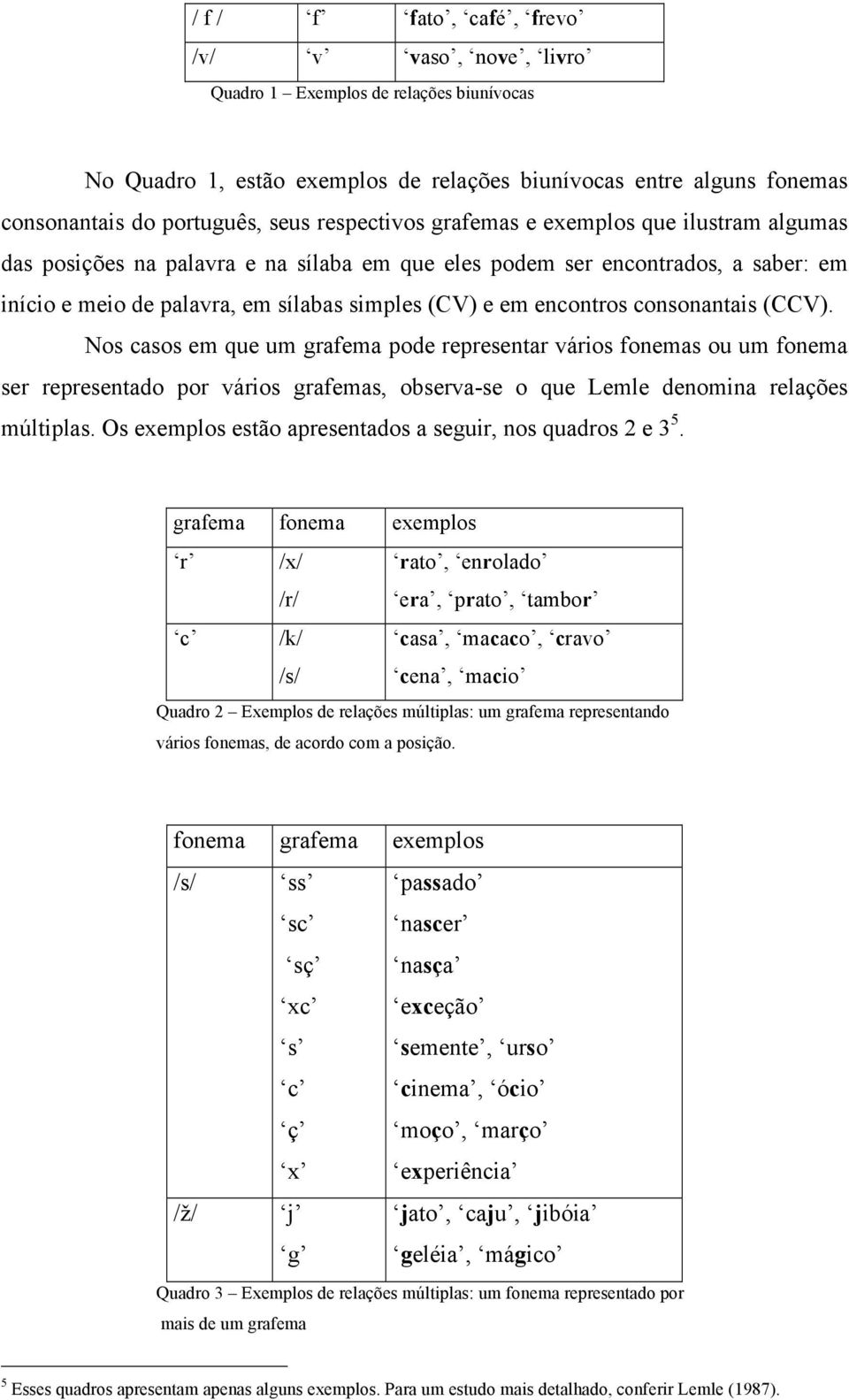 encontros consonantais (CCV). Nos casos em que um grafema pode representar vários fonemas ou um fonema ser representado por vários grafemas, observa-se o que Lemle denomina relações múltiplas.