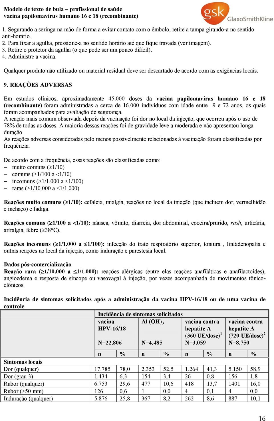 Qualquer produto não utilizado ou material residual deve ser descartado de acordo com as exigências locais. 9. REAÇÕES ADVERSAS Em estudos clínicos, aproximadamente 45.