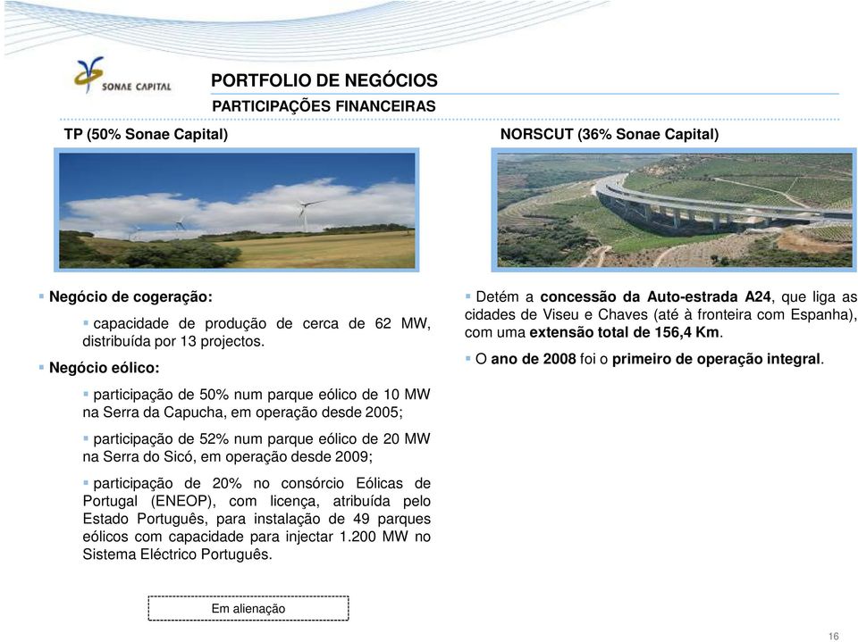 participação de 20% no consórcio Eólicas de Portugal (ENEOP), com licença, atribuída pelo Estado Português, para instalação de 49 parques eólicos com capacidade para injectar 1.