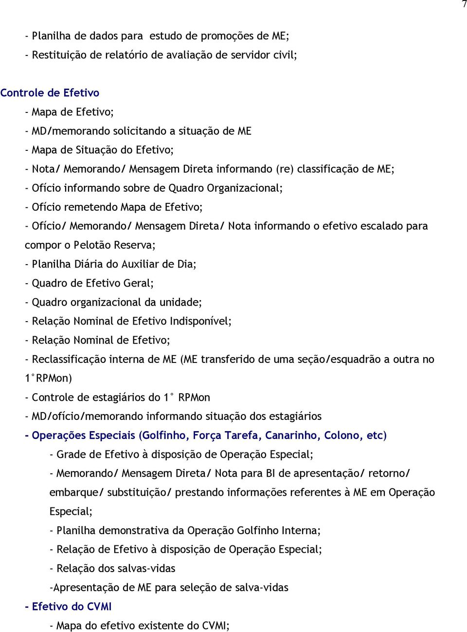 Memorando/ Mensagem Direta/ Nota informando o efetivo escalado para compor o Pelotão Reserva; - Planilha Diária do Auxiliar de Dia; - Quadro de Efetivo Geral; - Quadro organizacional da unidade; -