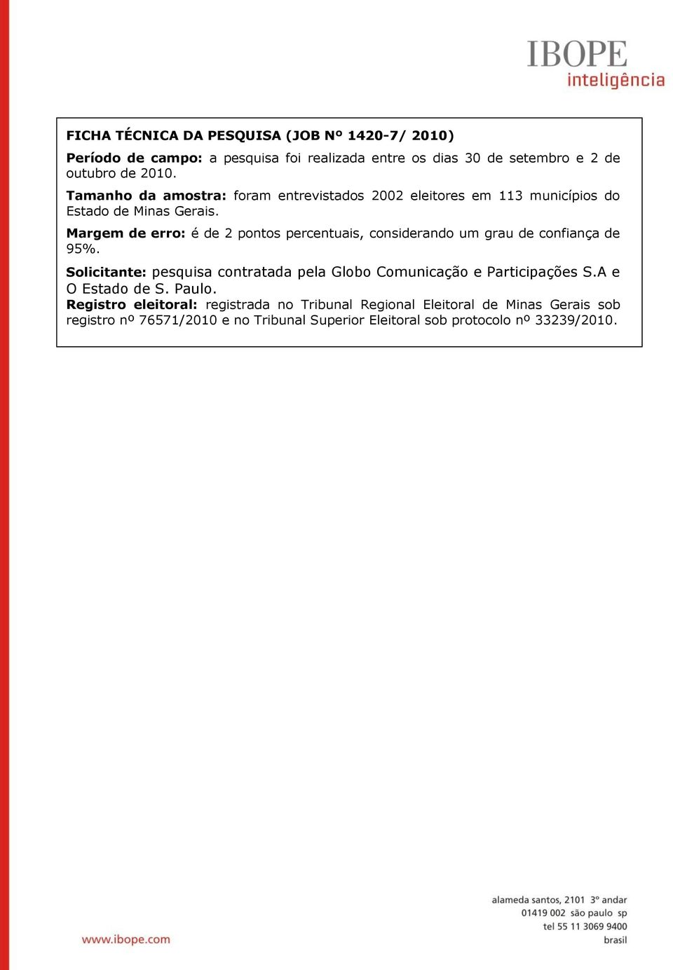 Margem de erro: é de pontos percentuais, considerando um grau de confiança de 95.