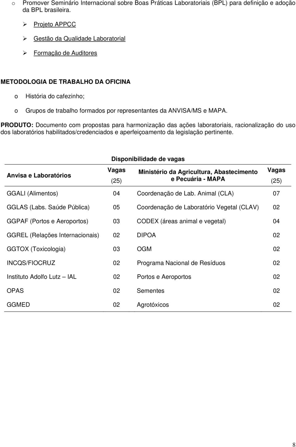 PRODUTO: Dcument cm prpstas para harmnizaçã das ações labratriais, racinalizaçã d us ds labratóris habilitads/credenciads e aperfeiçament da legislaçã pertinente.