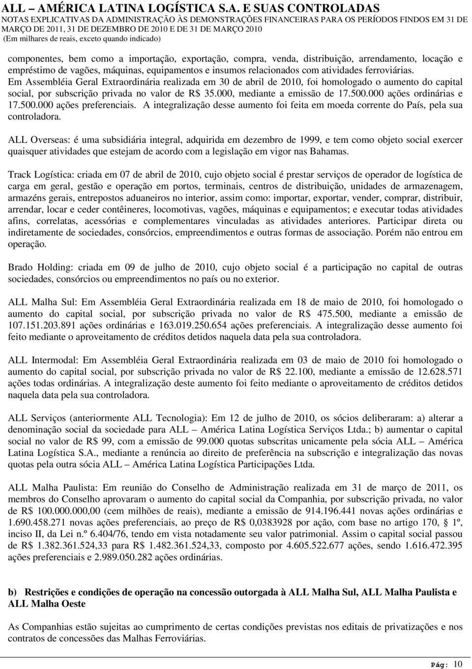 000 ações ordinárias e 17.500.000 ações preferenciais. A integralização desse aumento foi feita em moeda corrente do País, pela sua controladora.