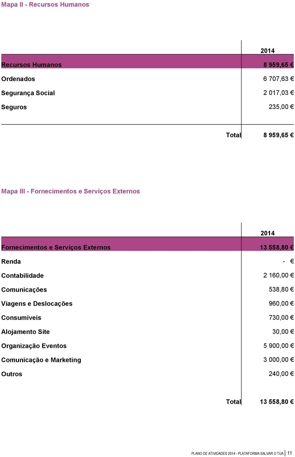 Contabilidade 2 160,00 Comunicações 538,80 Viagens e Deslocações 960,00 Consumíveis 730,00 Alojamento Site 30,00