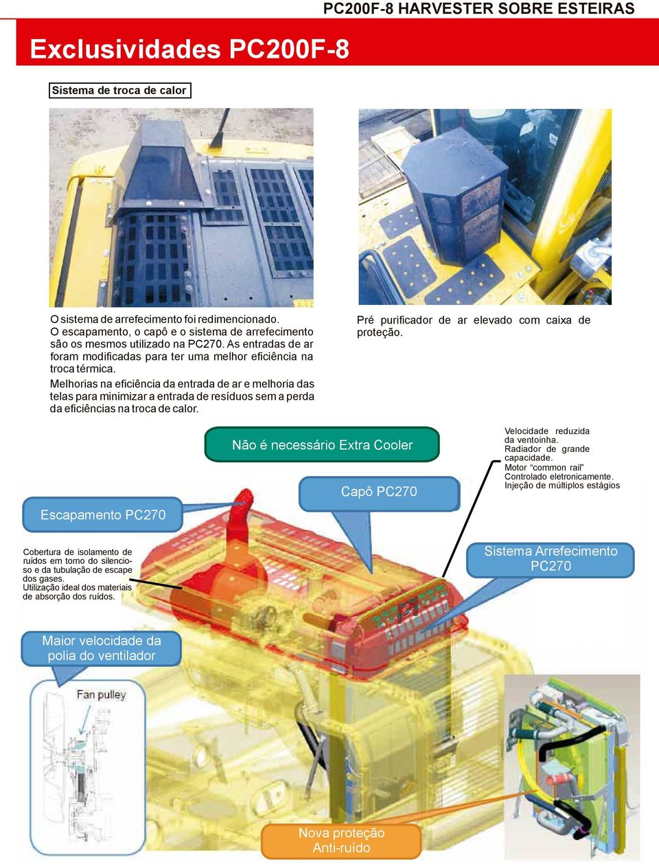 Melhorias na eficiência da entrada de ar e melhoria das telas para minimizar a entrada de resíduos sem a perda da eficiências na troca de calor. Pré purificador de ar elevado com caixa de proteção.