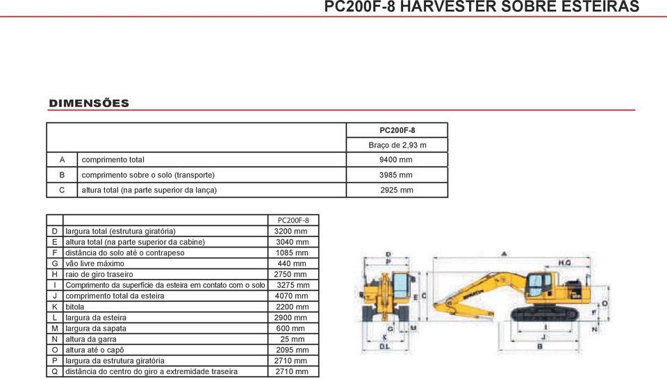 máximo 440 mm H raio de giro traseiro 2750 mm I Comprimento da superfície da esteira em contato com o solo 3275 mm J comprimento total da esteira 4070 mm K bitola 2200 mm L largura da