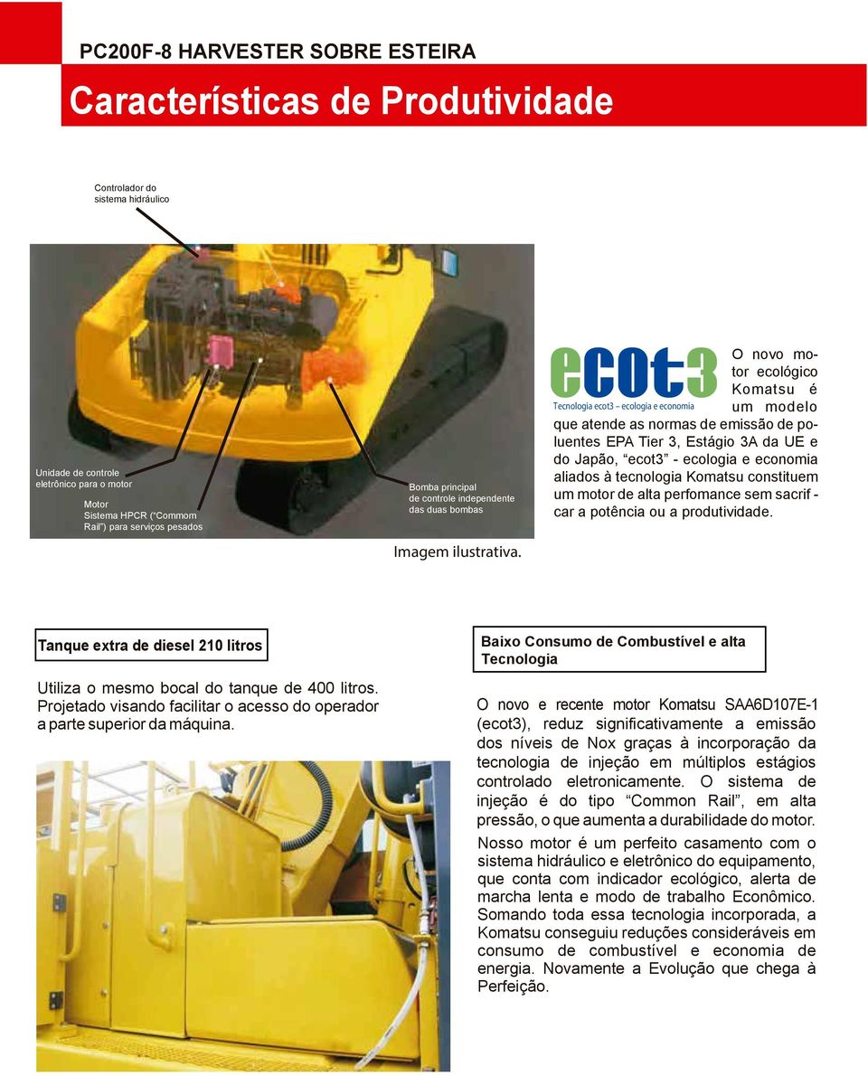 O novo motor ecológico Komatsu é Tecnologia ecot3 ecologia e economia um modelo que atende as normas de emissão de poluentes EPA Tier 3, Estágio 3A da UE e do Japão, ecot3 - ecologia e economia