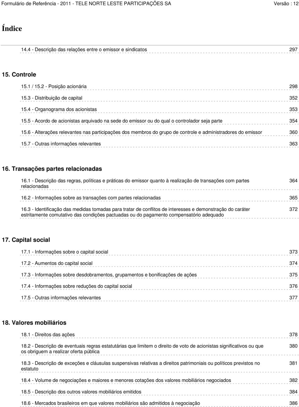 6 - Alterações relevantes nas participações dos membros do grupo de controle e administradores do emissor 360 15.7 - Outras informações relevantes 363 16. Transações partes relacionadas 16.