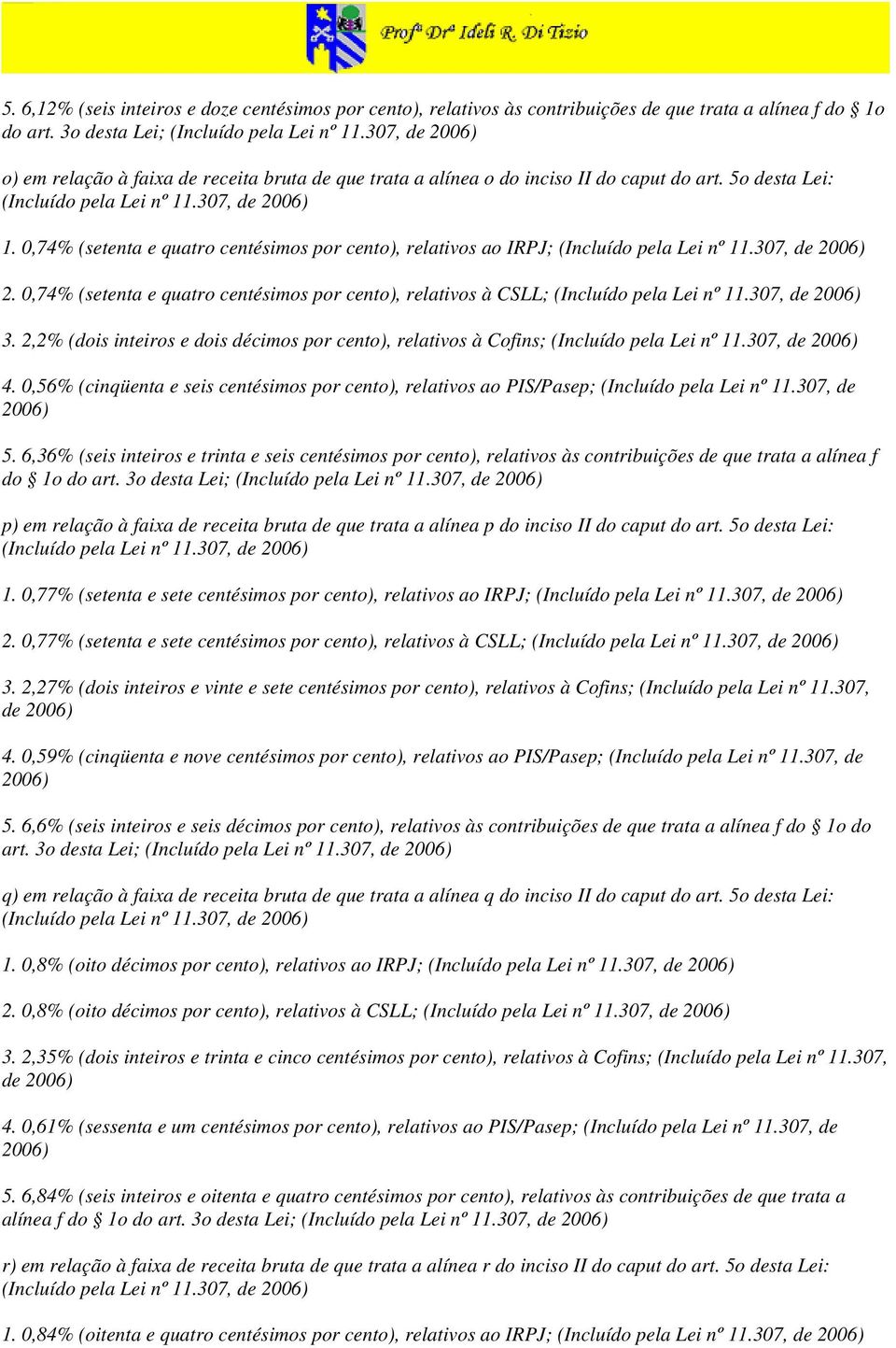 0,74% (setenta e quatro centésimos por cento), relativos ao IRPJ; (Incluído pela Lei nº 11.307, de 2. 0,74% (setenta e quatro centésimos por cento), relativos à CSLL; (Incluído pela Lei nº 11.