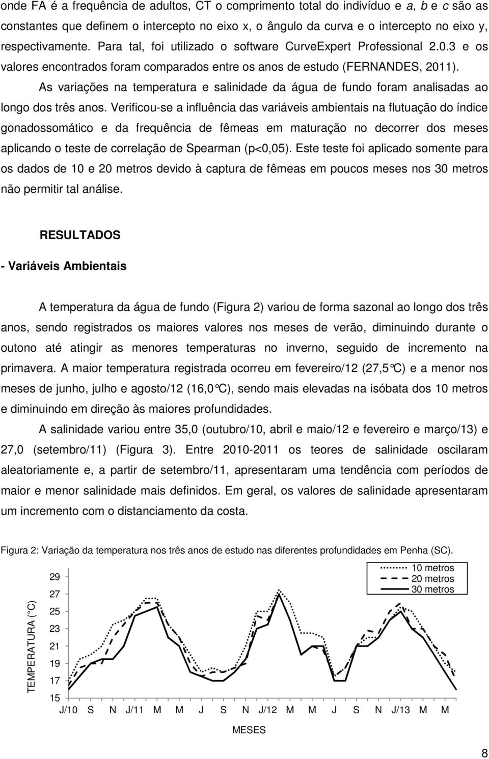 As variações na temperatura e salinidade da água de fundo foram analisadas ao longo dos três anos.