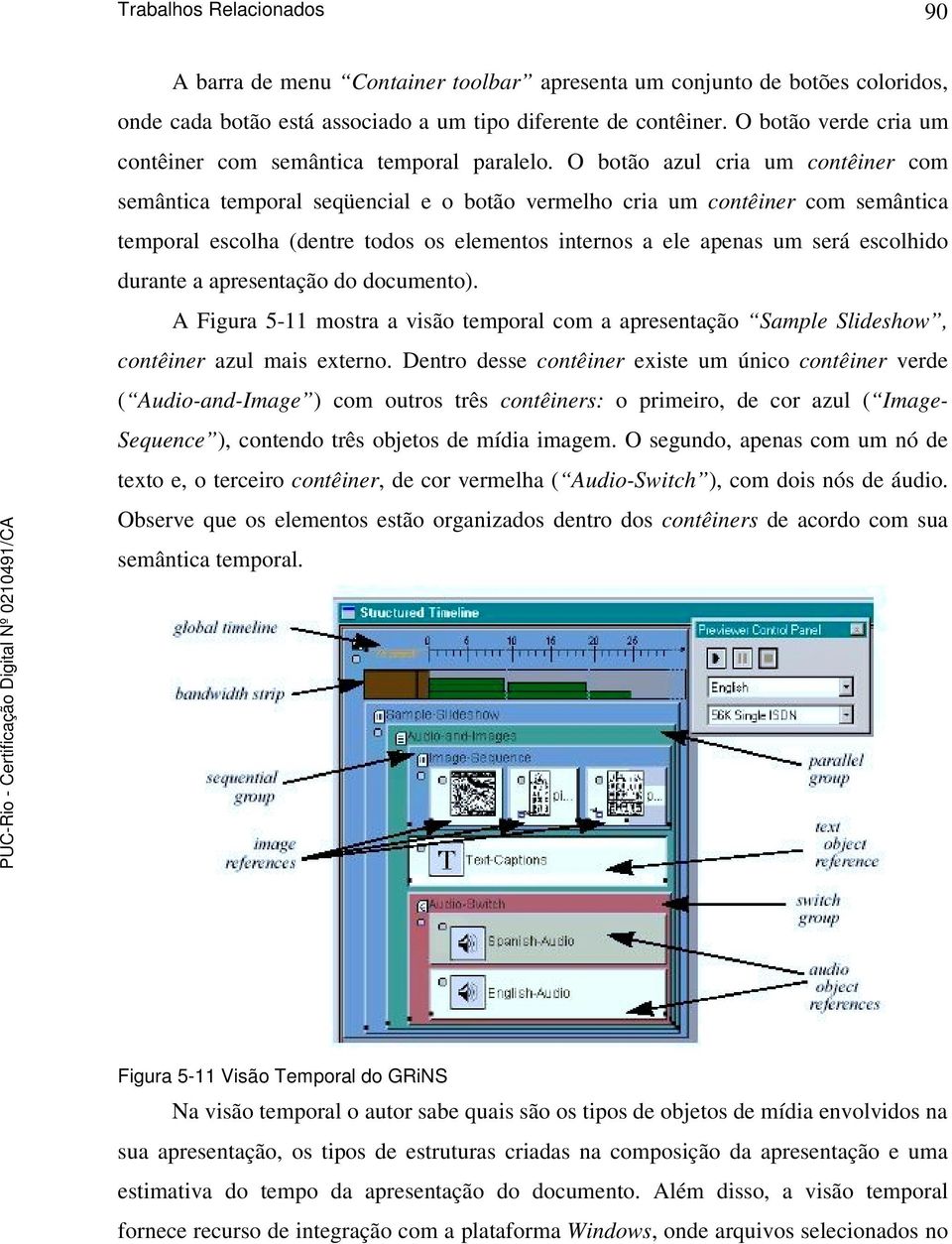 O botão azul cria um contêiner com semântica temporal seqüencial e o botão vermelho cria um contêiner com semântica temporal escolha (dentre todos os elementos internos a ele apenas um será escolhido