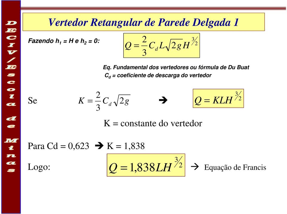 descarga do vertedor Se K C d g 3 Q Para Cd = 0,63 K = 1,838 = 3 C d L g