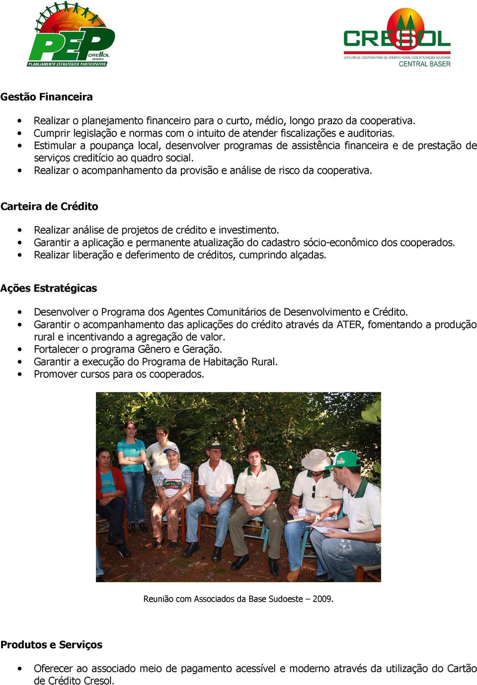 Realizar o acompanhamento da provisão e análise de risco da cooperativa. Carteira de Crédito Realizar análise de projetos de crédito e investimento.