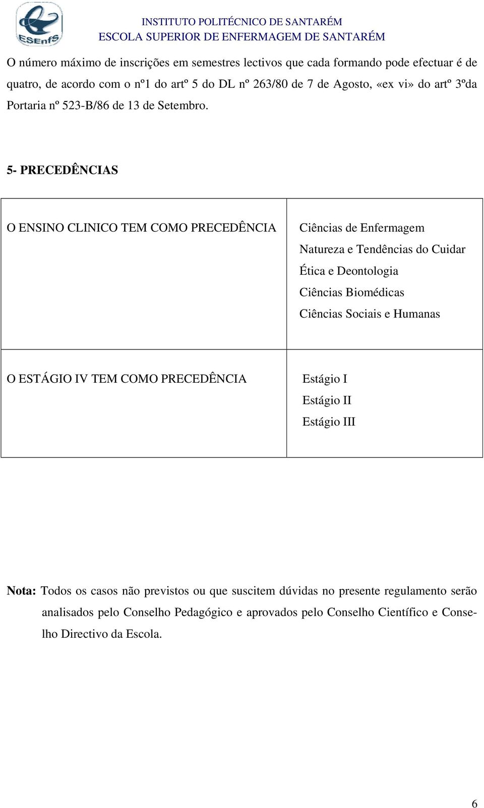 5- PRECEDÊNCIAS O ENSINO CLINICO TEM COMO PRECEDÊNCIA Ciências de Enfermagem Natureza e Tendências do Cuidar Ética e Deontologia Ciências Biomédicas Ciências