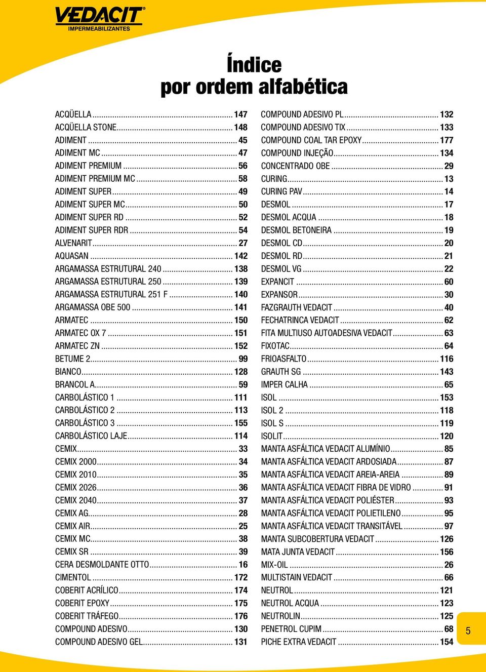 .. 141 ARMATEC... 150 ARMATEC OX 7... 151 ARMATEC ZN... 152 BETUME 2... 99 BIANCO... 128 BRANCOL A... 59 CARBOLÁSTICO 1... 111 CARBOLÁSTICO 2... 113 CARBOLÁSTICO 3... 155 CARBOLÁSTICO LAJE... 114 CEMIX.