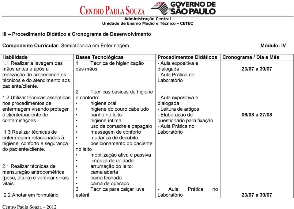 das mãos dialogada - Aula Prática no Laboratório 23/07 a 30/07 1.2 Utilizar técnicas assépticas nos procedimentos de enfermagem visando proteger o cliente/paciente de contaminações. 1.3 Realizar técnicas de enfermagem relacionadas à higiene, conforto e segurança do paciente/cliente.