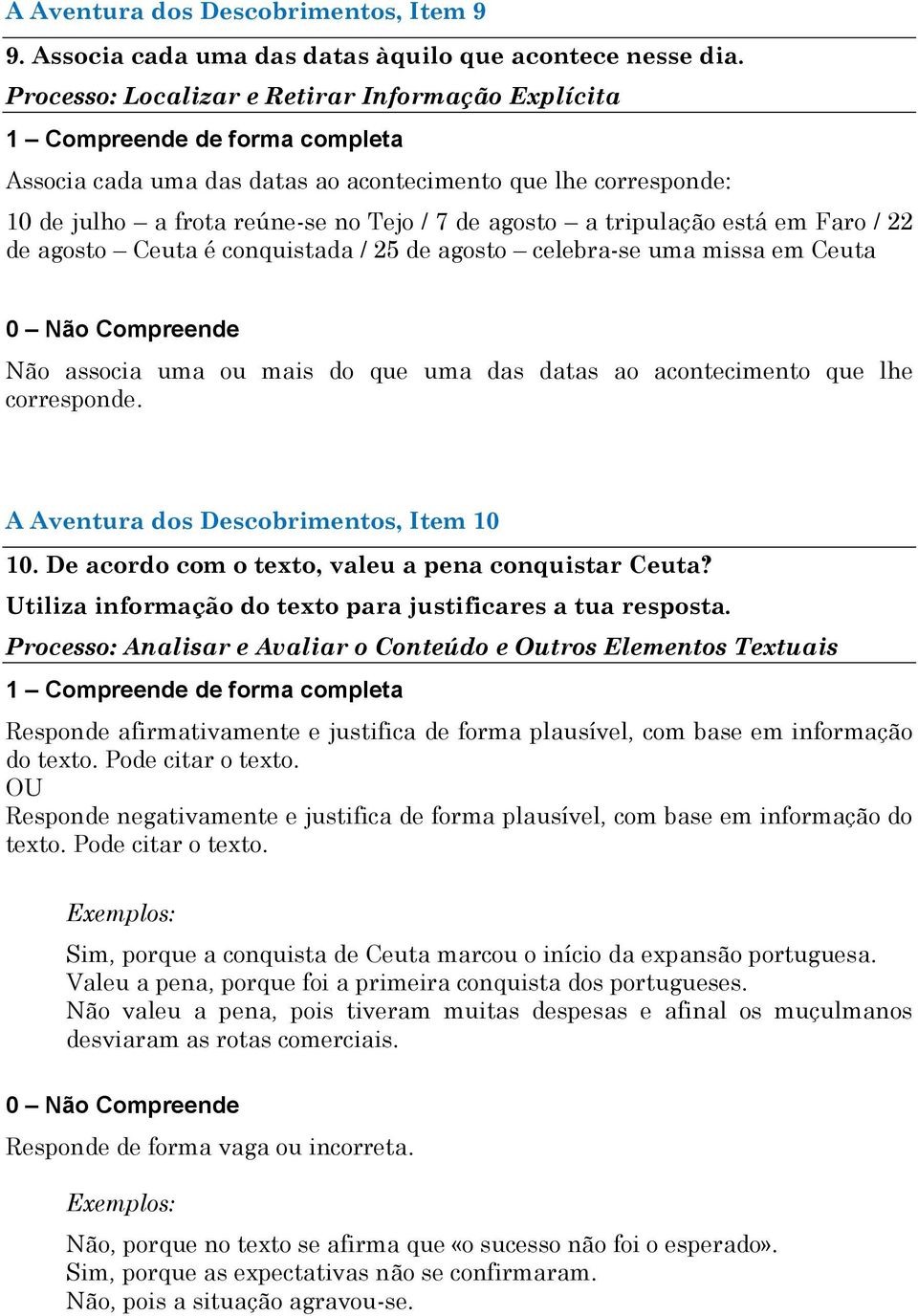 de agosto Ceuta é conquistada / 25 de agosto celebra-se uma missa em Ceuta Não associa uma ou mais do que uma das datas ao acontecimento que lhe corresponde. A Aventura dos Descobrimentos, Item 10 10.