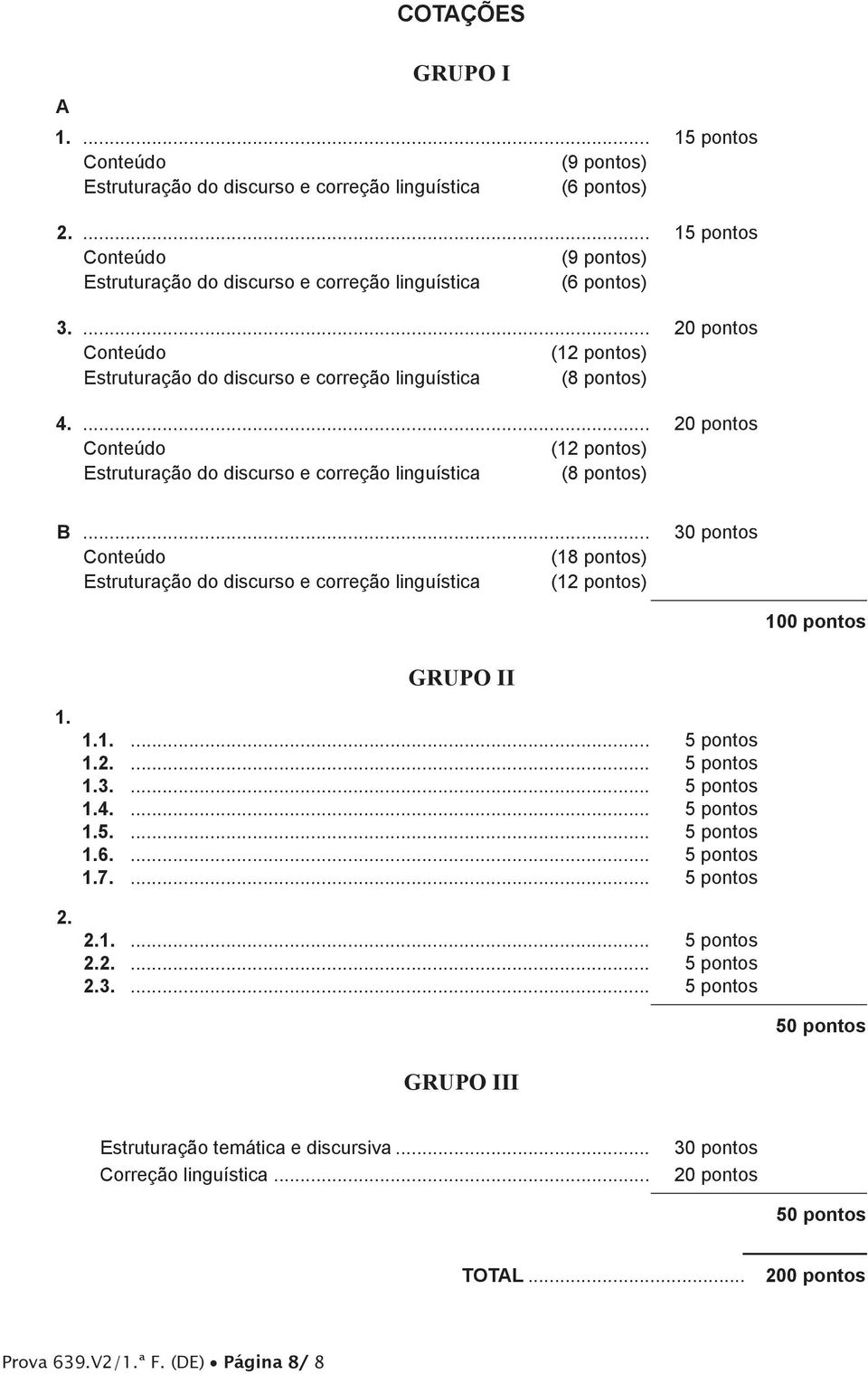 .. (18 pontos) Estruturação do discurso e correção linguística (12 pontos) 30 pontos 100 pontos 1. 2. GRUPO II 1.1.... 5 pontos 1.2.... 5 pontos 1.3.... 5 pontos 1.4.... 5 pontos 1.5.... 5 pontos 1.6.