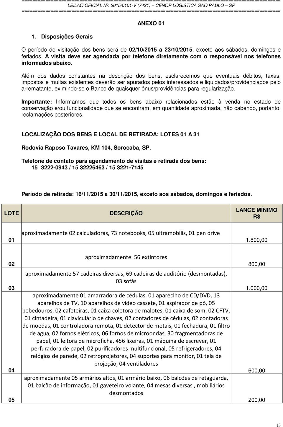 Além dos dados constantes na descrição dos bens, esclarecemos que eventuais débitos, taxas, impostos e multas existentes deverão ser apurados pelos interessados e liquidados/providenciados pelo