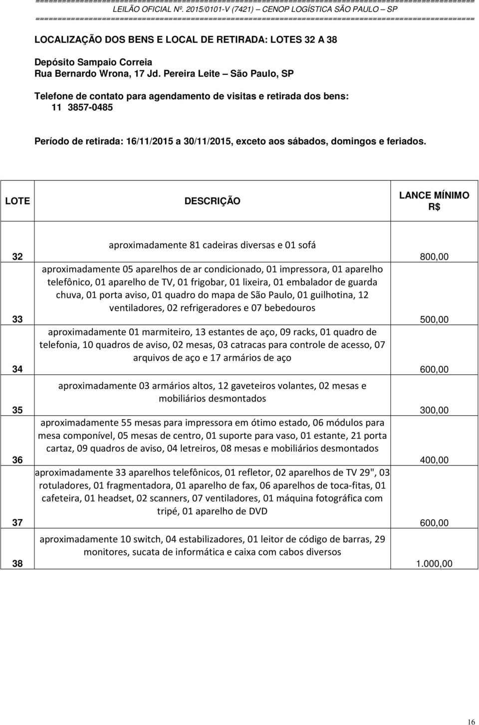 LOTE DESCRIÇÃO LANCE MÍNIMO R$ 32 33 34 35 36 37 38 aproximadamente 81 cadeiras diversas e 01 sofá aproximadamente 05 aparelhos de ar condicionado, 01 impressora, 01 aparelho telefônico, 01 aparelho