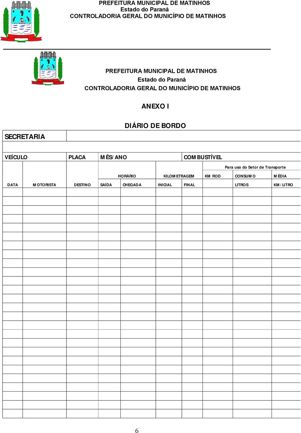 KILOMETRAGEM Para uso do Setor de Transporte KM ROD CONSUMO