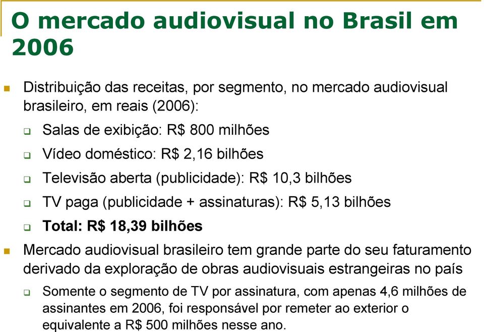 18,39 bilhões Mercado audiovisual brasileiro tem grande parte do seu faturamento derivado da exploração de obras audiovisuais estrangeiras no país Somente o