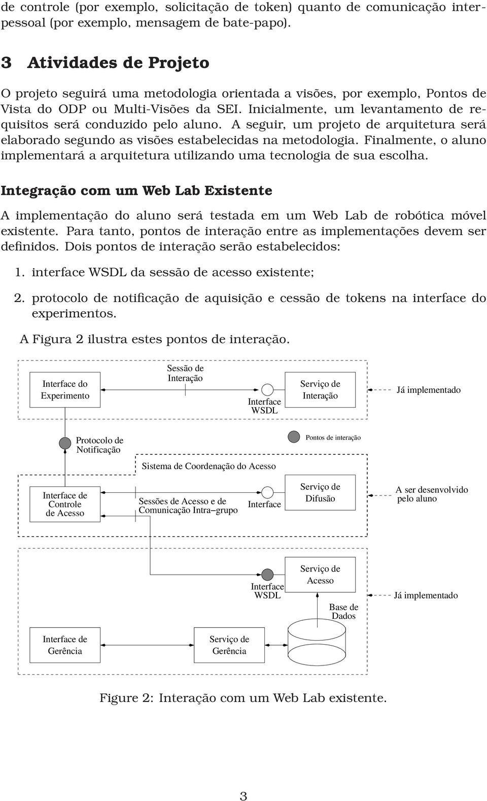 Inicialmente, um levantamento de requisitos será conduzido pelo aluno. A seguir, um projeto de arquitetura será elaborado segundo as visões estabelecidas na metodologia.