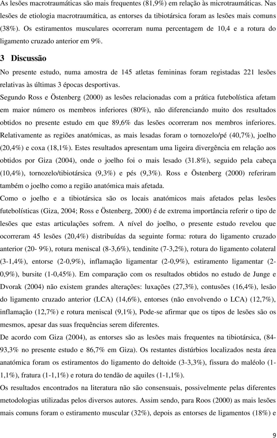 3 Discussão No presente estudo, numa amostra de 145 atletas femininas foram registadas 221 lesões relativas às últimas 3 épocas desportivas.