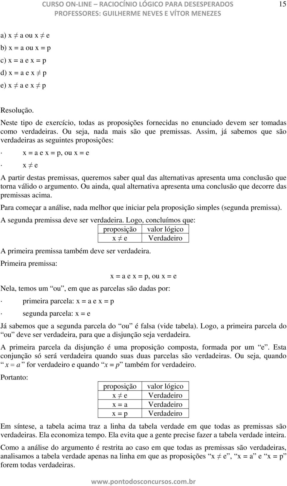 Assim, já sabmos qu são vrdadiras as sguints proposiçõs: x = a x = p, ou x = x A partir dstas prmissas, qurmos sabr qual das altrnativas aprsnta uma conclusão qu torna válido o argumnto.