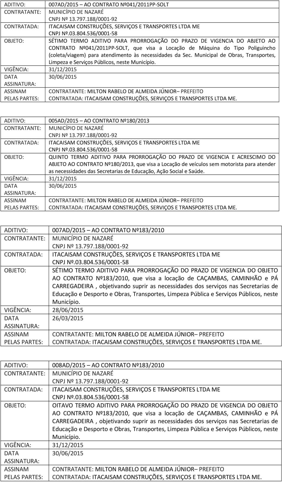 ADITIVO: 005AD/2015 AO CONTRATO Nº180/2013 OBJETO: QUINTO TERMO ADITIVO PARA PRORROGAÇÃO DO PRAZO DE VIGENCIA E ACRESCIMO DO ABJETO AO CONTRATO Nº180/2013, que visa a Locação de veículos sem