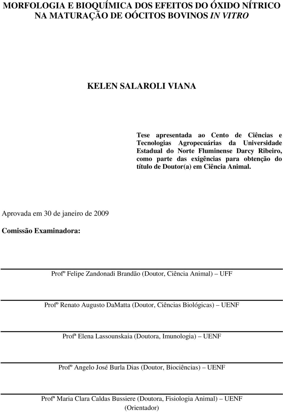 Aprovada em 30 de janeiro de 2009 Comissão Examinadora: Profº Felipe Zandonadi Brandão (Doutor, Ciência Animal) UFF Profº Renato Augusto DaMatta (Doutor, Ciências