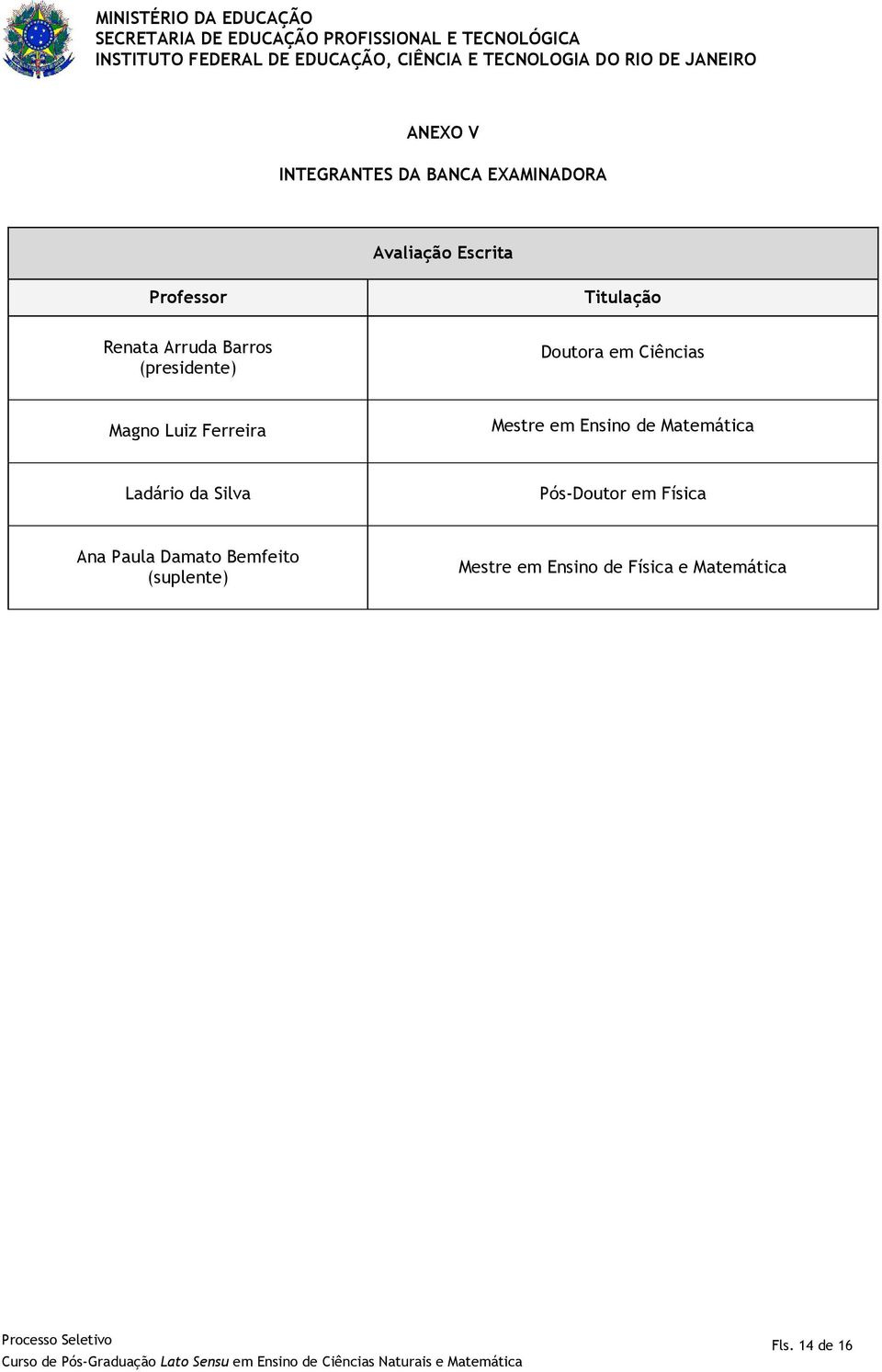 Renata Arruda Barros (presidente) Doutora em Ciências Magno Luiz Ferreira Mestre em Ensino de Matemática Ladário