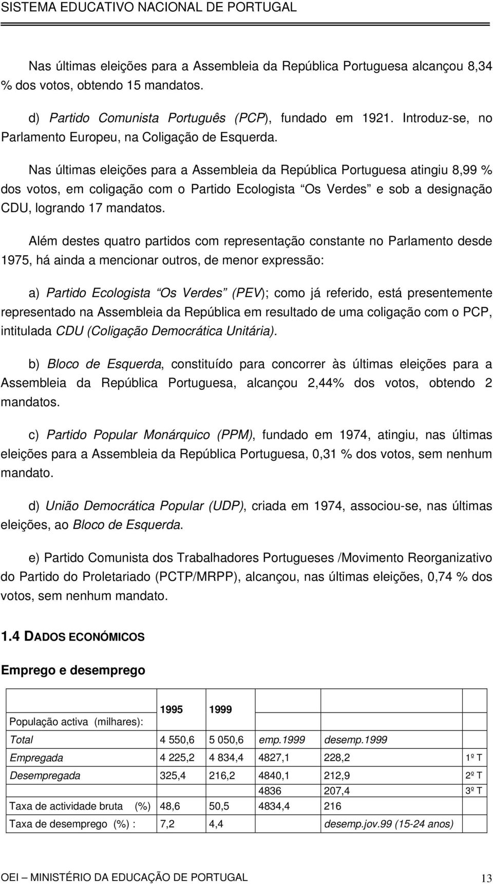 Nas últimas eleições para a Assembleia da República Portuguesa atingiu 8,99 % dos votos, em coligação com o Partido Ecologista Os Verdes e sob a designação CDU, logrando 17 mandatos.