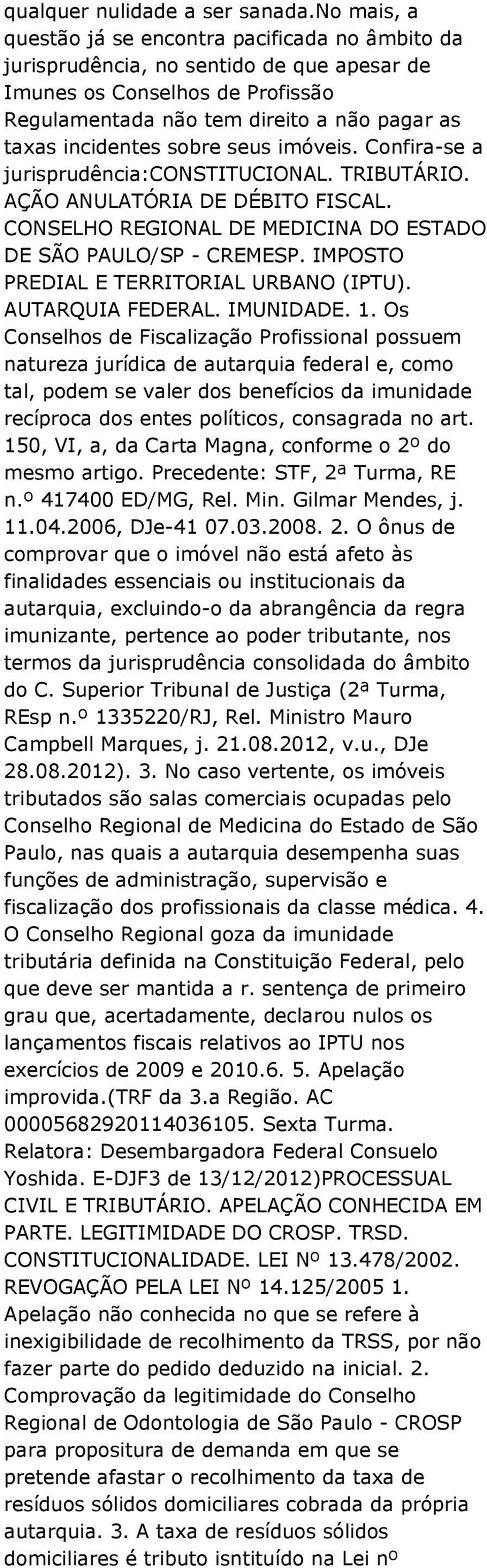 sobre seus imóveis. Confira-se a jurisprudência:constitucional. TRIBUTÁRIO. AÇÃO ANULATÓRIA DE DÉBITO FISCAL. CONSELHO REGIONAL DE MEDICINA DO ESTADO DE SÃO PAULO/SP - CREMESP.