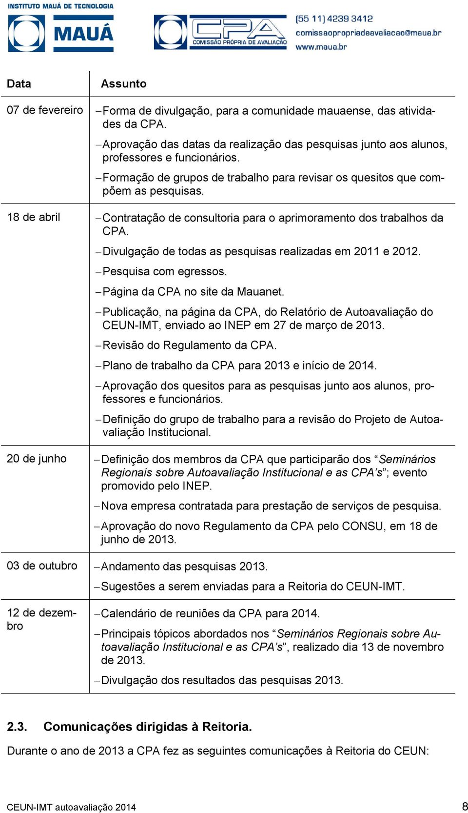 Divulgação de todas as pesquisas realizadas em 2011 e 2012. Pesquisa com egressos. Página da CPA no site da Mauanet.